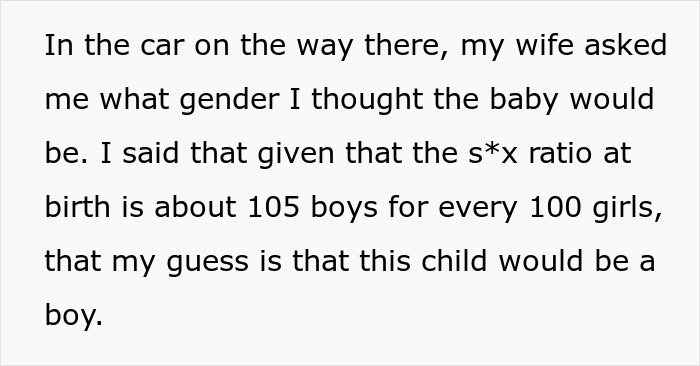 Text explaining a guy uses statistics and birth sex ratio to predict his pregnant friend will have a boy.