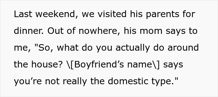 Text conversation about a girlfriend being questioned by her boyfriend’s mom on her domestic habits. Text conversation about a girlfriend being questioned by her boyfriend’s mom on her domestic habits.