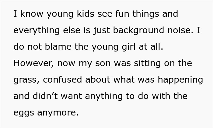 Text about a young boy's reaction during an Easter egg hunt, mentions a neighbor's autistic granddaughter's involvement.