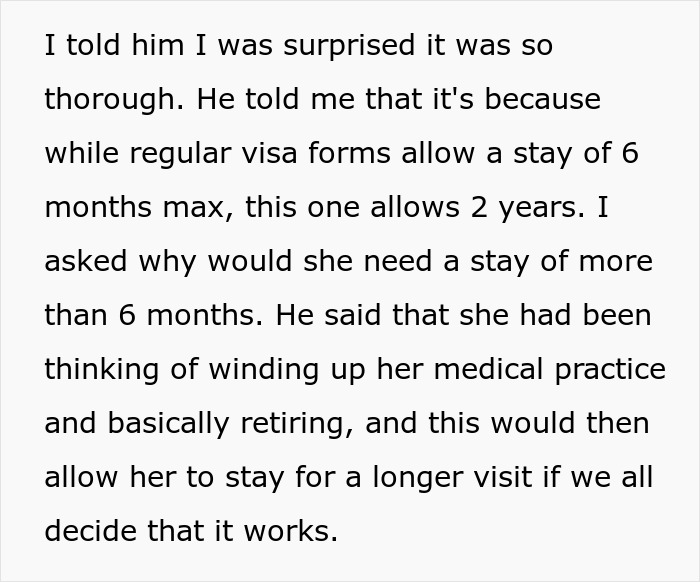 Visa discussion about a mother-in-law's extended stay, focusing on retirement and a 2-year visit option. Visa discussion about a mother-in-law's extended stay, focusing on retirement and a 2-year visit option.