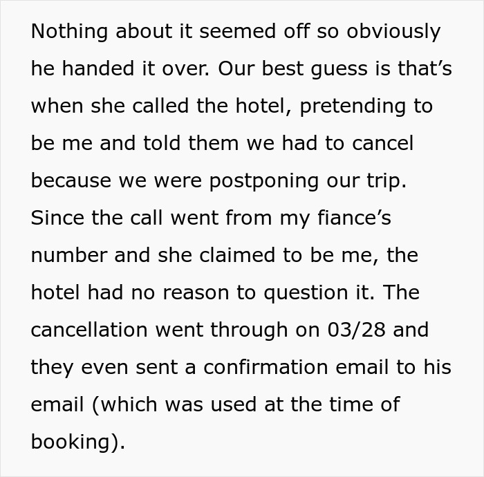 Text describing a mother-in-law canceling her son's honeymoon by pretending to be the bride.