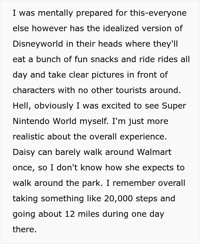 Text discussing vacation experiences at Disney World and Super Nintendo World, emphasizing realistic expectations.