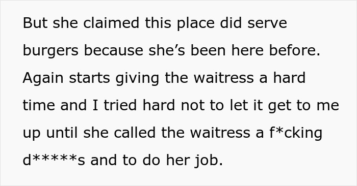 Text describing a woman snapping at a waitress, causing discomfort. Text describing a woman snapping at a waitress, causing discomfort.