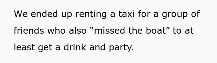 Text message about missing a boat, renting a taxi for friends to party. Text message about missing a boat, renting a taxi for friends to party.