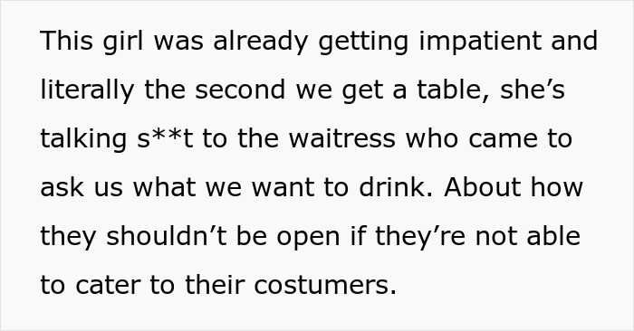 Text describing a woman being rude to a waitress at a restaurant table. Text describing a woman being rude to a waitress at a restaurant table.