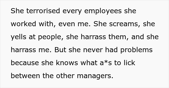 Text describing workplace harassment by a manager towards teammates.