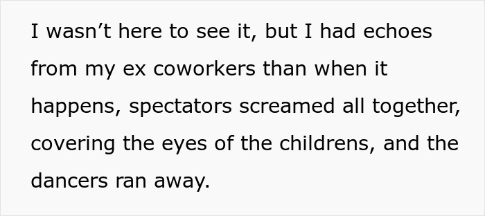 Text image discussing event chaos with spectators screaming and dancers leaving.