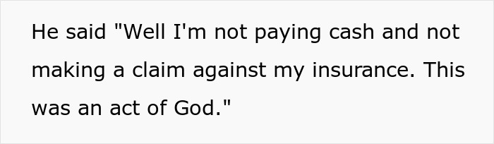 Text quote about refusing payment for trampoline damage during a storm, labeled as an "act of God.