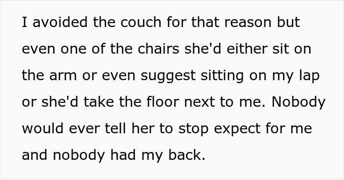 Text describing teen's experience with unwanted attention, feeling unsupported and avoiding certain areas to escape harassment.