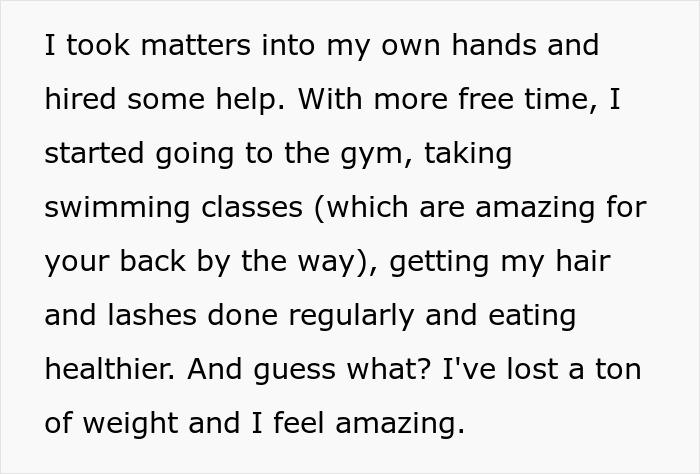 Text discussing a woman's weight loss journey, focusing on gym, swimming, and healthier habits. Text discussing a woman's weight loss journey, focusing on gym, swimming, and healthier habits.