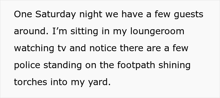 Text recounting a night with police shining torches in a yard, related to a crazy neighbor suing again. Text recounting a night with police shining torches in a yard, related to a crazy neighbor suing again.