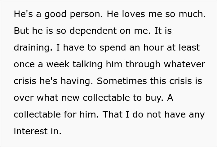 Text excerpt showing a wife describing her husband’s dependency and emotional crisis, highlighting husband therapist wife homework. Text excerpt showing a wife describing her husband’s dependency and emotional crisis, highlighting husband therapist wife homework.