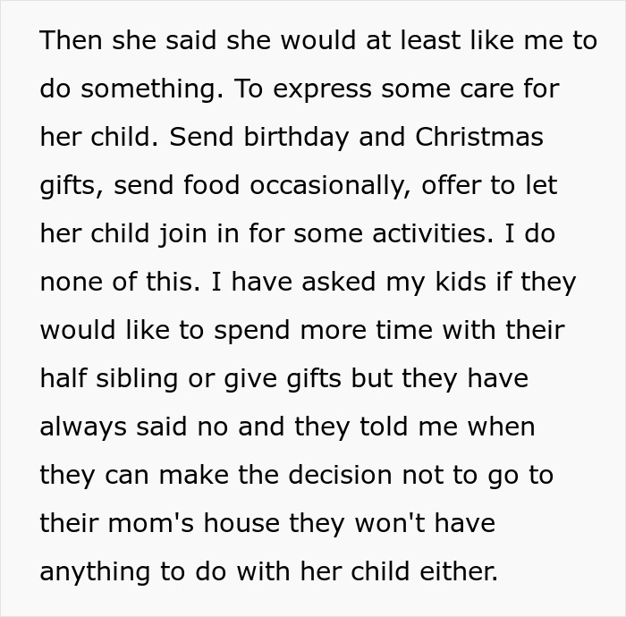 Text from a dad discussing his refusal to support his ex's child from an affair in a written excerpt. Text from a dad discussing his refusal to support his ex's child from an affair in a written excerpt.