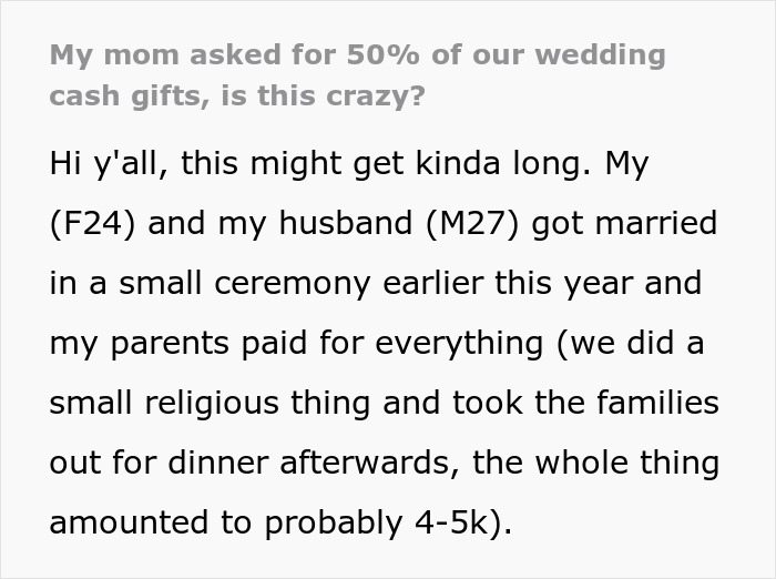 Wedding gifts debated as parents request 50% share after covering costs.