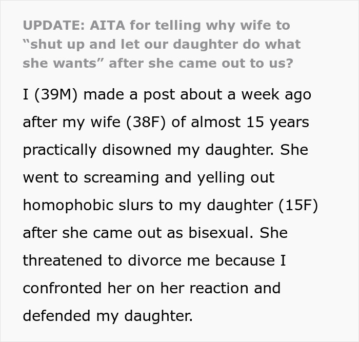 Text about a dad defending his bisexual daughter after wife threatens divorce over her lifestyle and family embarrassment. Text about a dad defending his bisexual daughter after wife threatens divorce over her lifestyle and family embarrassment.