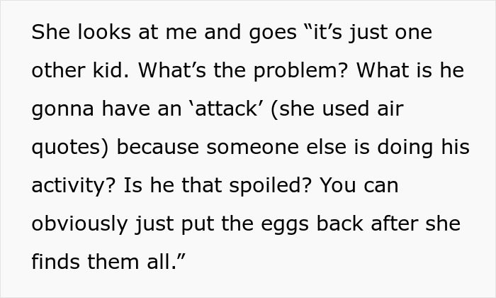 Text excerpt discussing a neighbor's reaction to an autistic child's Easter egg hunt.