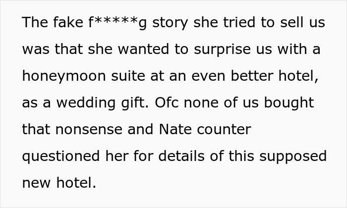 Text describing MIL's cover-up attempt of son&rsquo;s honeymoon cancellation, claiming a surprise better hotel as a wedding gift.