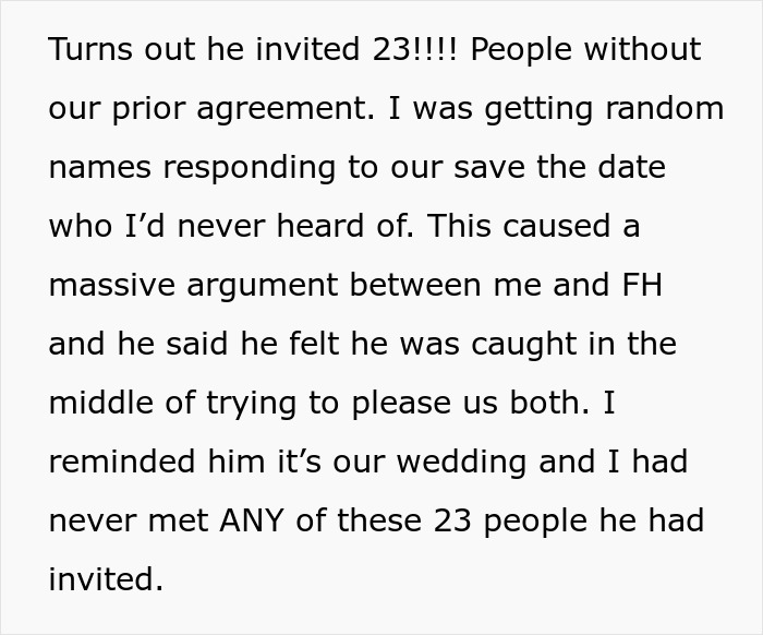 Bride discovers future father-in-law invited 23 unknown guests to wedding, sparking frustration.