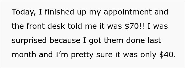 Text discussing unexpected nail salon price increase from $40 to $70, causing surprise and frustration.