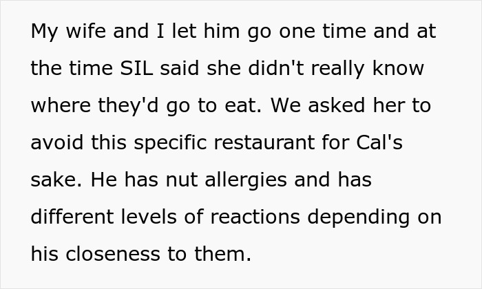 Text discussing SIL disregarding a 7-year-old's nut allergies and restaurant concerns.