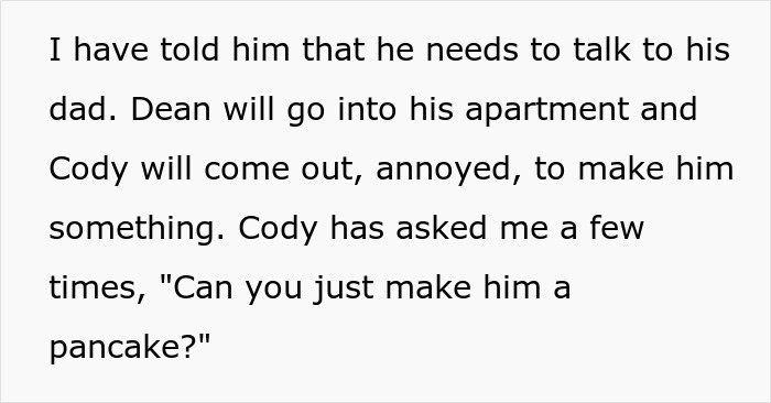 Text about housemate's 6-year-old asking for mom-like favors, leading to complaints.