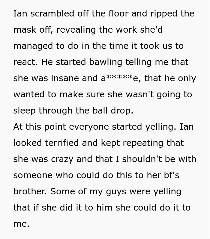 Text screenshot about man's family upset over girlfriend fighting back against brother's prank.