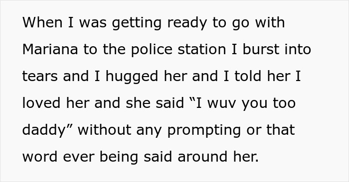 Text reads about a father emotionally hugging his daughter before a trip to the police station.