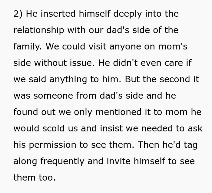 Text describing a controlling stepdad's interference with kids' visits to their dad's family, causing issues and tension. Text describing a controlling stepdad's interference with kids' visits to their dad's family, causing issues and tension.