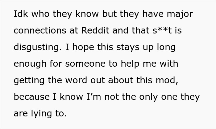 Text discussing Reddit mod's connections and alleged deceit.