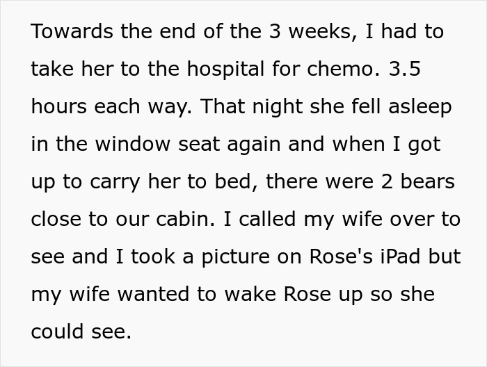 Alt text: Girl with leukemia watches for bears at night near cabin while dad notices two bears but lets her sleep Alt text: Girl with leukemia watches for bears at night near cabin while dad notices two bears but lets her sleep