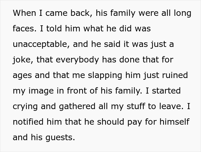 Text recounts aftermath of a cake incident at a birthday, highlighting a breakup due to unacceptable behavior.