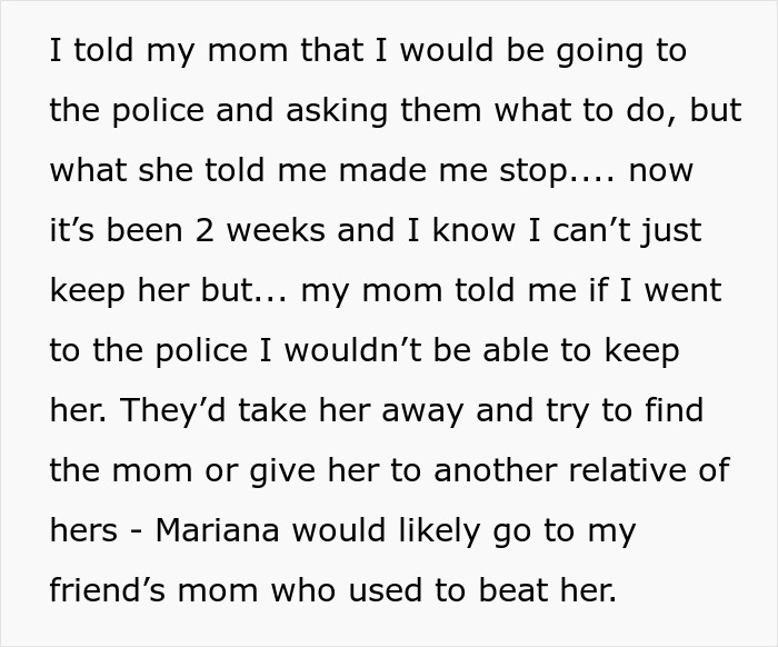 Text about a woman discussing concerns after babysitting her friend's daughter who disappeared for months.