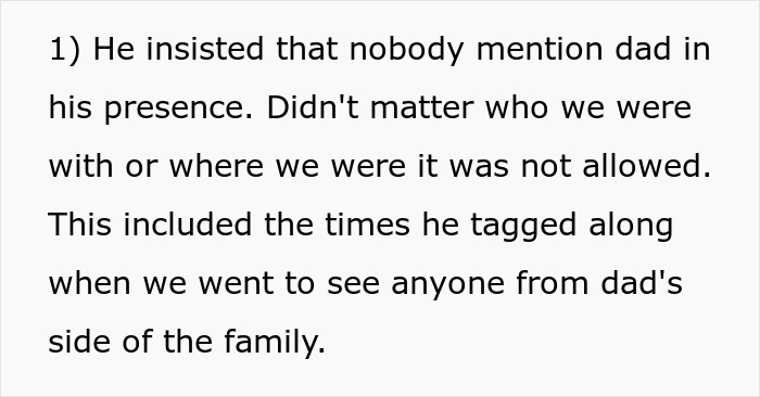 Text discussing controlling stepdad's rule not to mention their dad to others. Text discussing controlling stepdad's rule not to mention their dad to others.