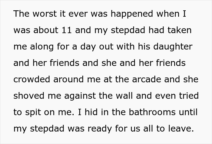 Text describing a difficult moment when a girl was bullied by her stepdad&rsquo;s daughter at an arcade, leading to hiding in a bathroom.