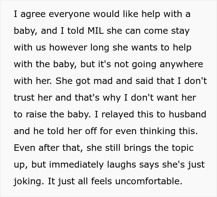 Text image discussing discomfort over MIL's baby comment, mentioning trust and uncomfortable feelings.