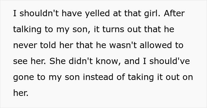 Text about dad's regret for scolding son's GF after learning son didn't inform her about visitation rules.