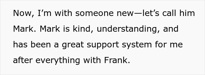 Text reference about support system after relationship with Frank, mentioning Mark's kindness and understanding.