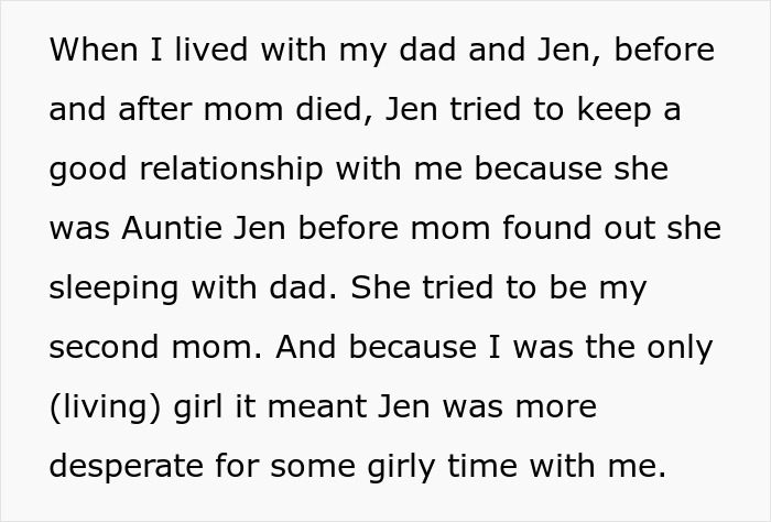 Text on a page describing a stepmom's affair impacting her stepdaughter's life.