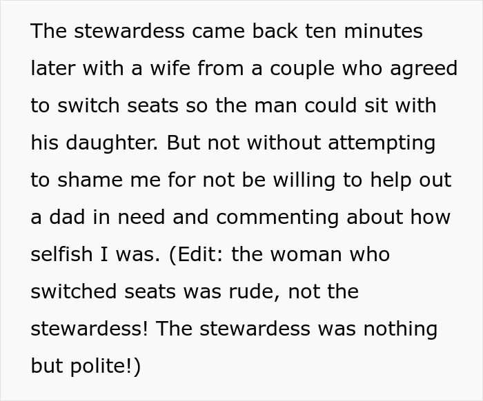 Text about a woman booking two plane seats, with a stewardess involved in a seat switch situation.