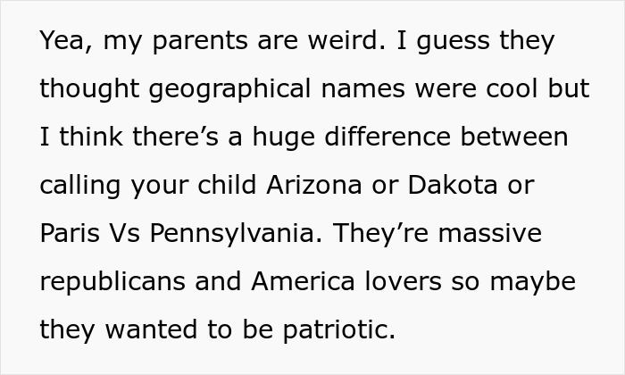 Text discussing parents choosing geographical names like Arizona or Pennsylvania.