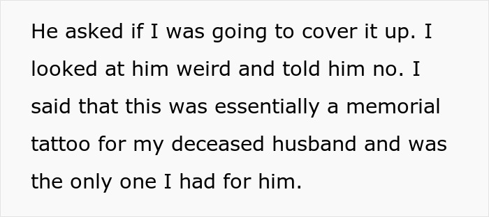 Text discussing keeping a memorial tattoo for deceased husband.