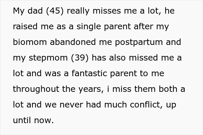 Text about a man missing his parents after a conflict, highlighting his upbringing by a single dad and supportive stepmom. Text about a man missing his parents after a conflict, highlighting his upbringing by a single dad and supportive stepmom.