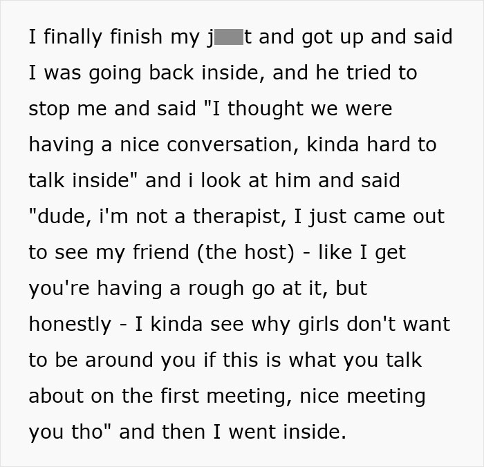 Text screenshot of a woman telling a man she's "not a therapist" after he overshares about his life.