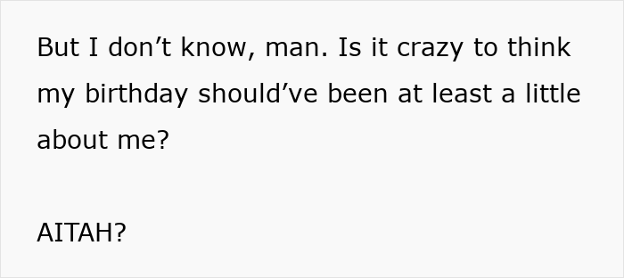 Text discussing a birthday celebration turned into a different event, questioning if it should focus on the birthday person.
