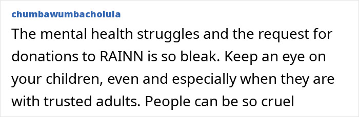 Comment discussing mental health and RAINN donations related to former child star Sophie Nyweide.