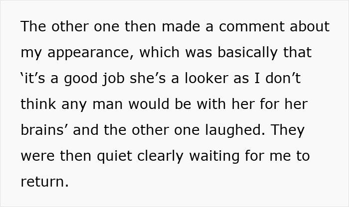 Text about coworkers making an offensive remark during a video call, emphasizing a woman's appearance over intelligence.