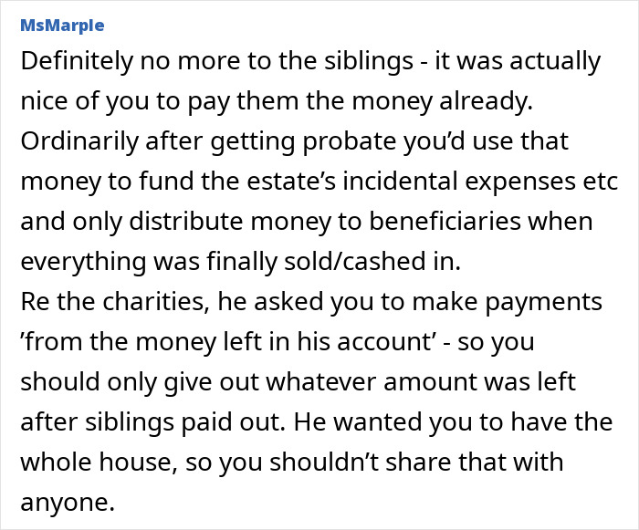 Text from a woman feeling guilty about inheriting her late father’s estate and managing the distribution among siblings and charities. Text from a woman feeling guilty about inheriting her late father’s estate and managing the distribution among siblings and charities.