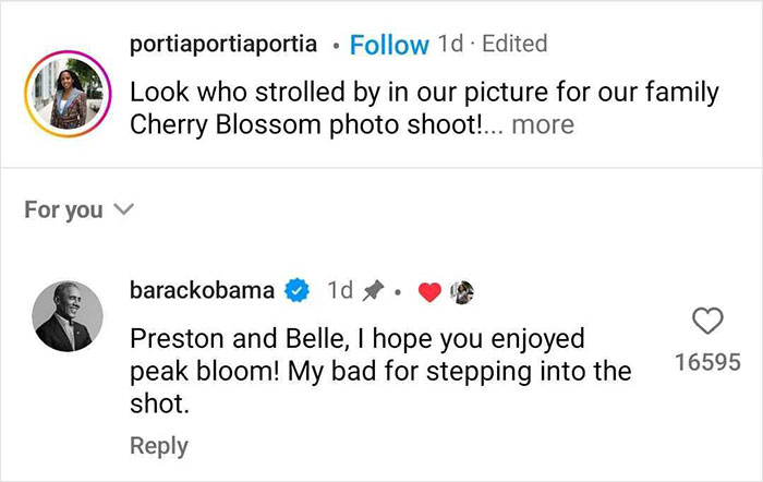 Barack Obama comments on photo shoot, mentioning Preston and Belle, with humorous apology for photobombing.
