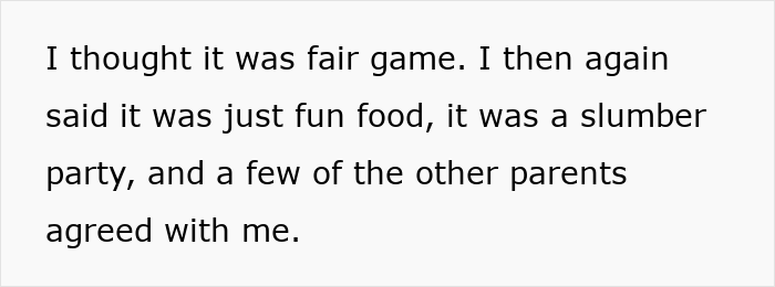 Text about fun food and parental opinions at a slumber party, discussing a mom's choice of snacks and pizza. Text about fun food and parental opinions at a slumber party, discussing a mom's choice of snacks and pizza.