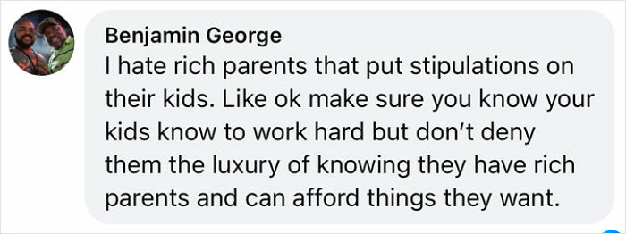 Comment discussing attitudes of rich parents toward children's work ethic and luxury.
